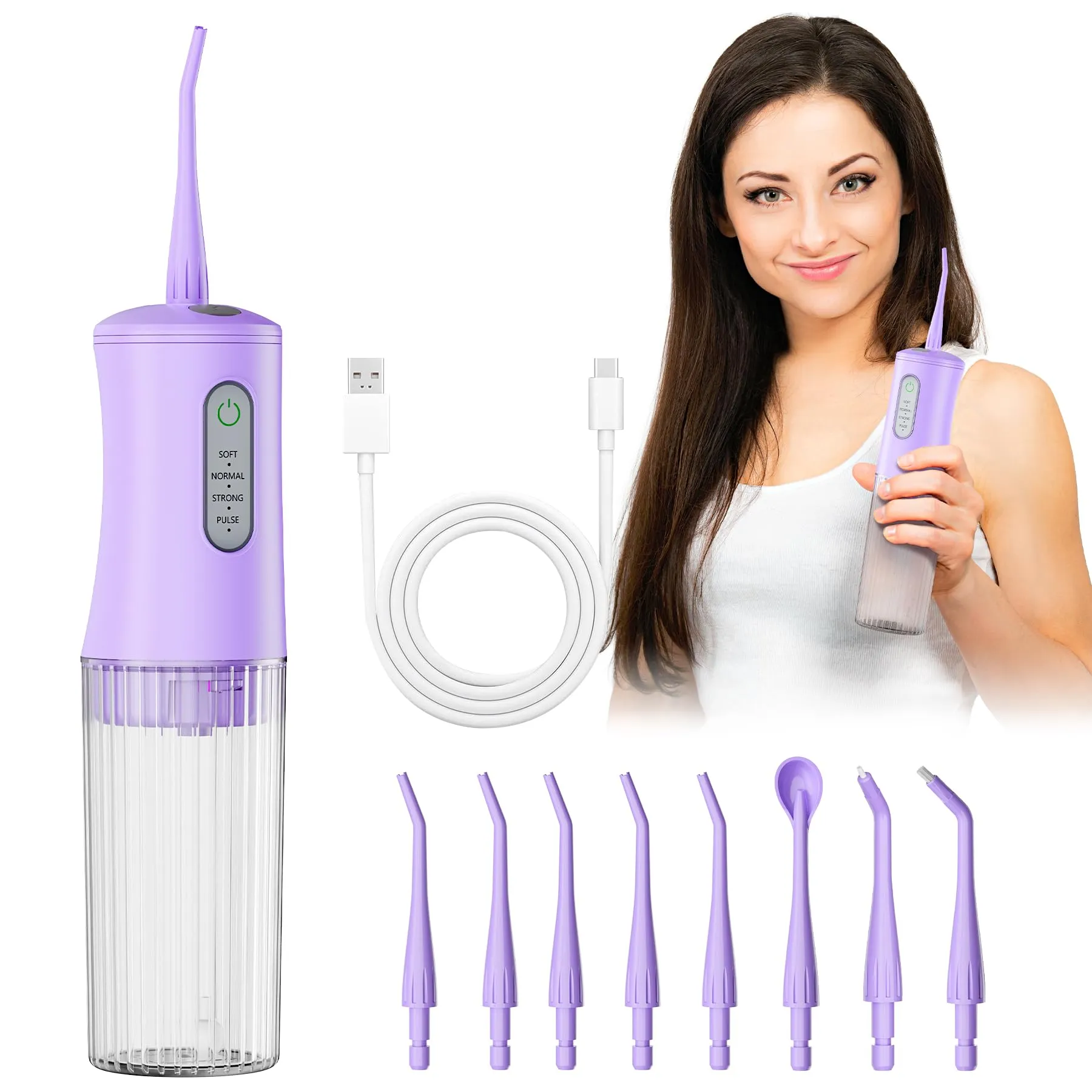 KIDSCOTER Irrigatore Dentale Elettrico Senza Fili ORAL-AP04, 4 Modalità di Pulizia, 8 Punte, Impermeabile IPX7, Serbatoio 200ml, Ricaricabile USB-C - immagine 6