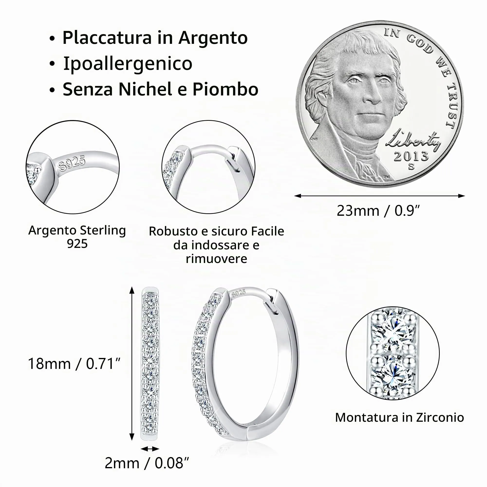 ALEXCRAFT Orecchini a Cerchio Huggie in Argento con Zirconi, Media, E3398 - immagine 6
