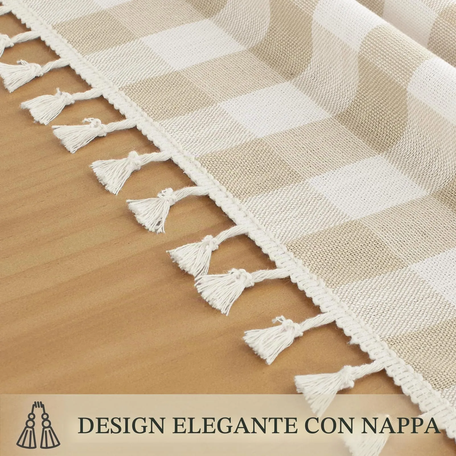 Softalker Tovaglia a scacchi rettangolare in cotone e lino con nappine, 140 x 305 cm, beige - immagine 5