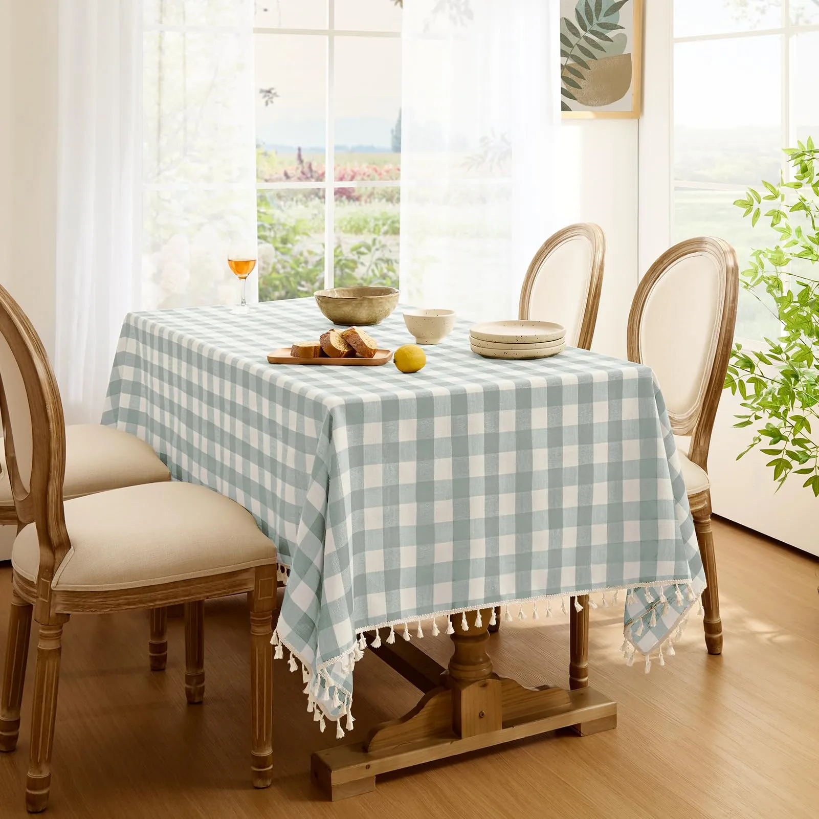 Softalker Tovaglia rettangolare a quadri in lino e cotone con nappine, 140 x 178 cm, turchese - immagine 7