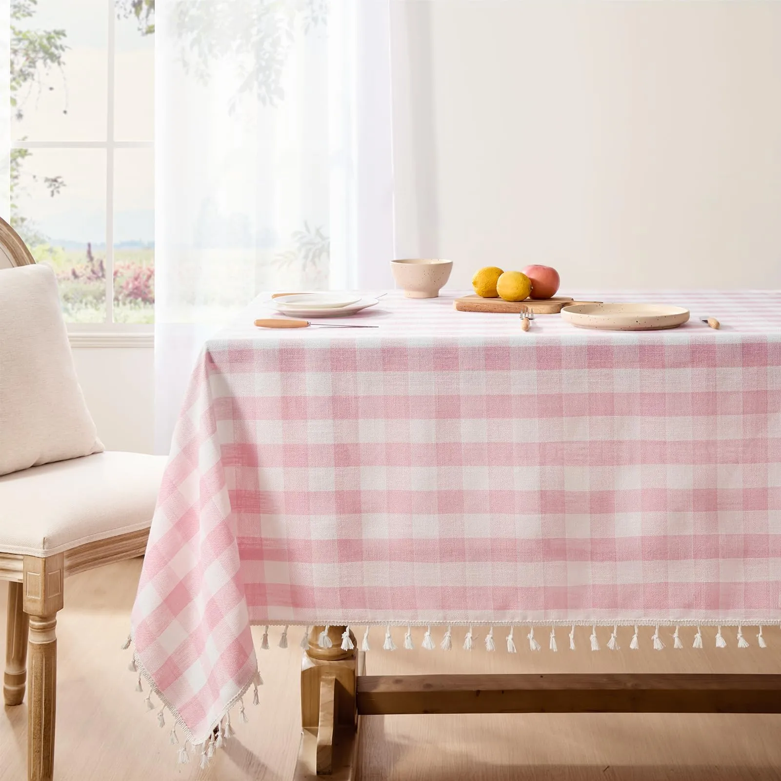 Softalker Tovaglia Rettangolare a Quadri Rosa, Lino e Cotone con Nappine, 140 x 213 cm - immagine 1