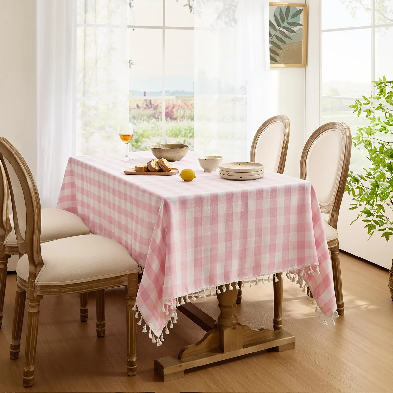 Softalker Tovaglia Rettangolare a Quadri Rosa, Lino e Cotone con Nappine, 140 x 213 cm - immagine 2