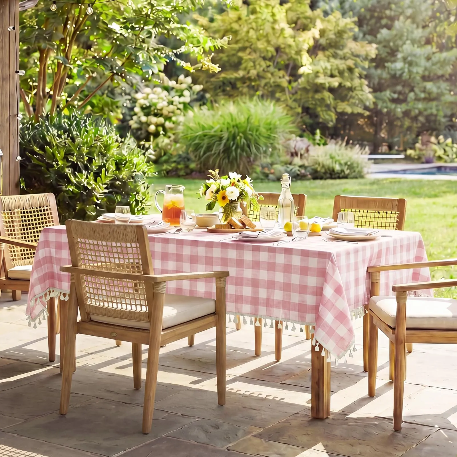 Softalker Tovaglia Rettangolare a Quadri Rosa, Lino e Cotone con Nappine, 140 x 213 cm - immagine 9
