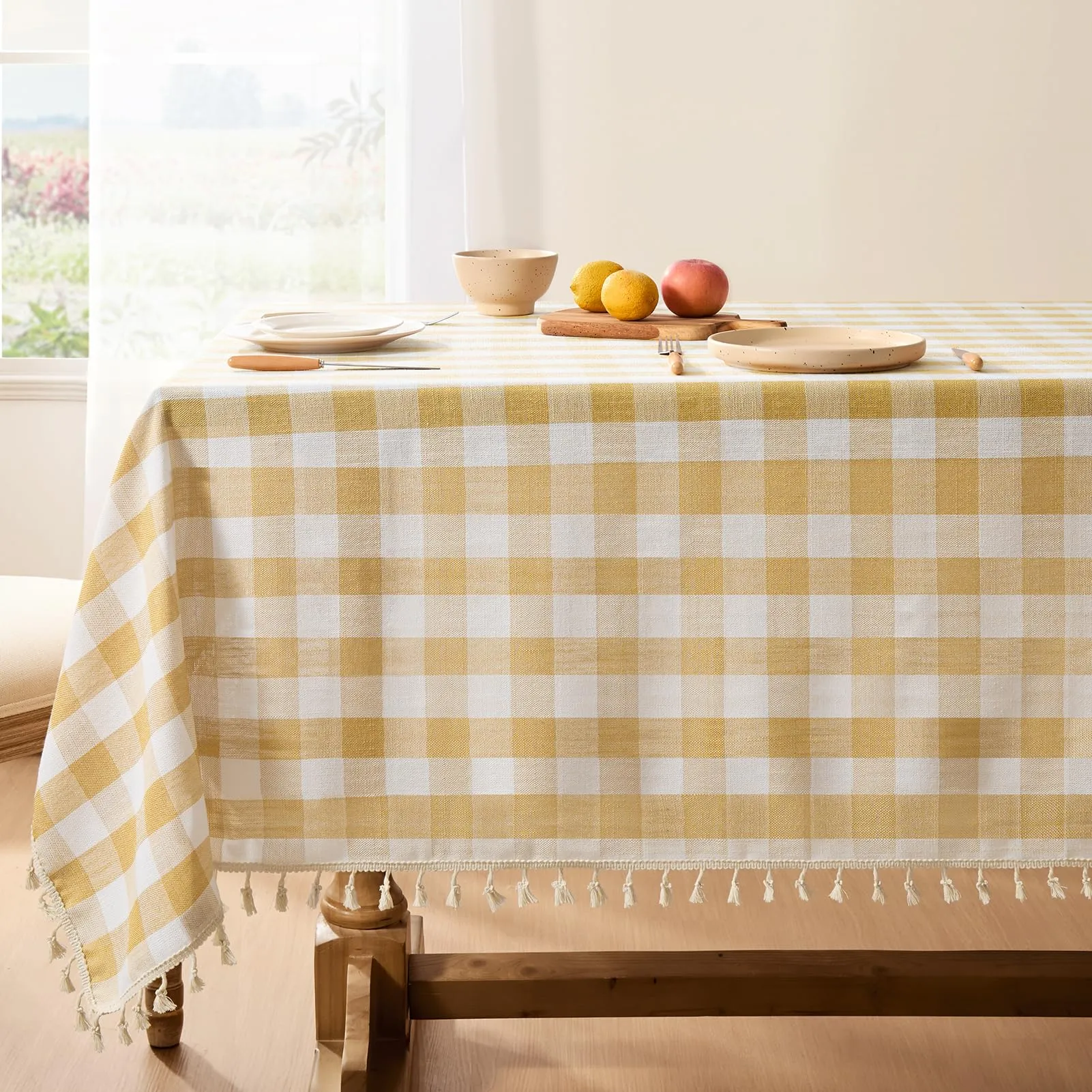 Softalker Tovaglia Rettangolare in Lino e Cotone a Quadretti con Nappine, 139 x 213 cm, Giallo - immagine 1