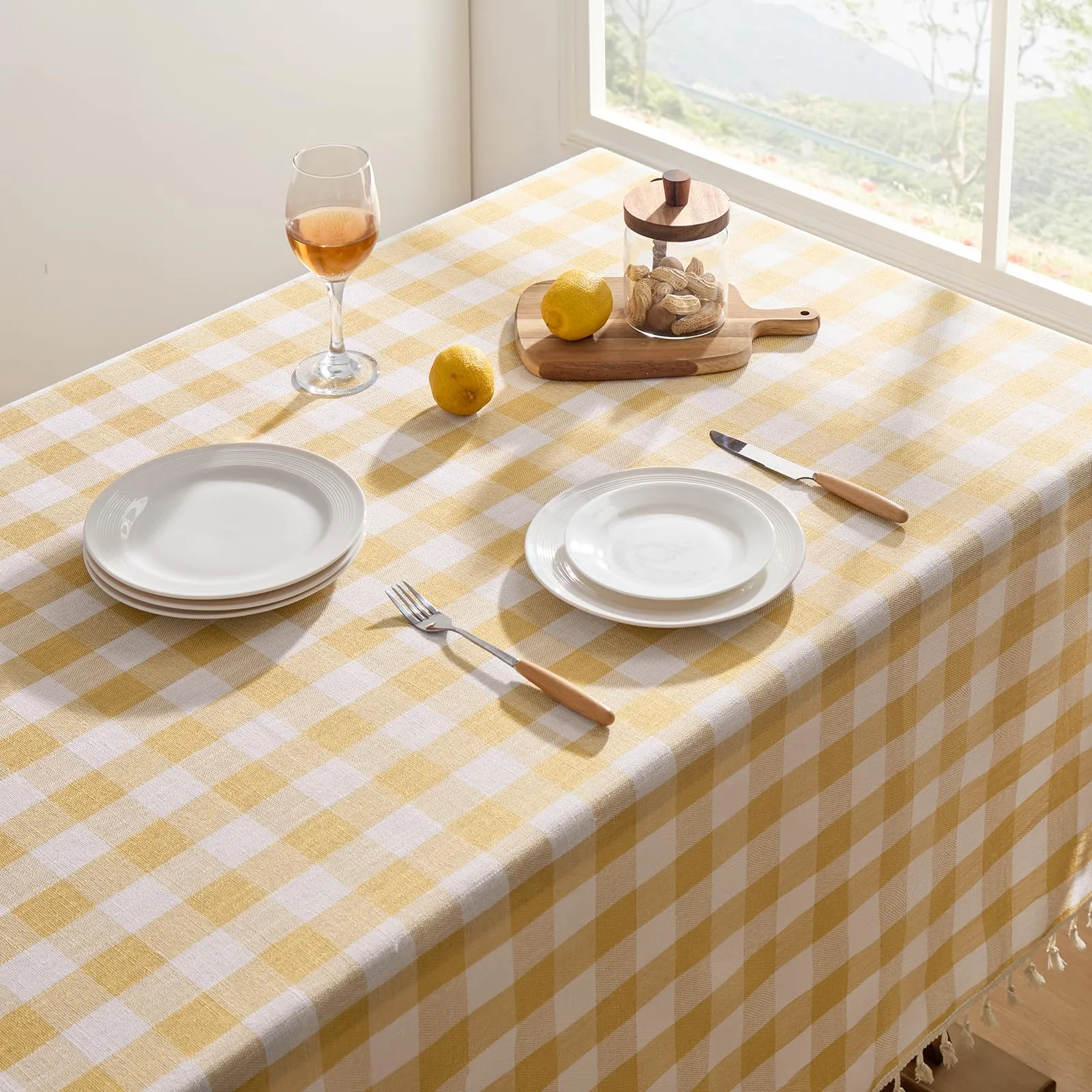 Softalker Tovaglia Rettangolare in Lino e Cotone a Quadretti con Nappine, 139 x 213 cm, Giallo - immagine 8