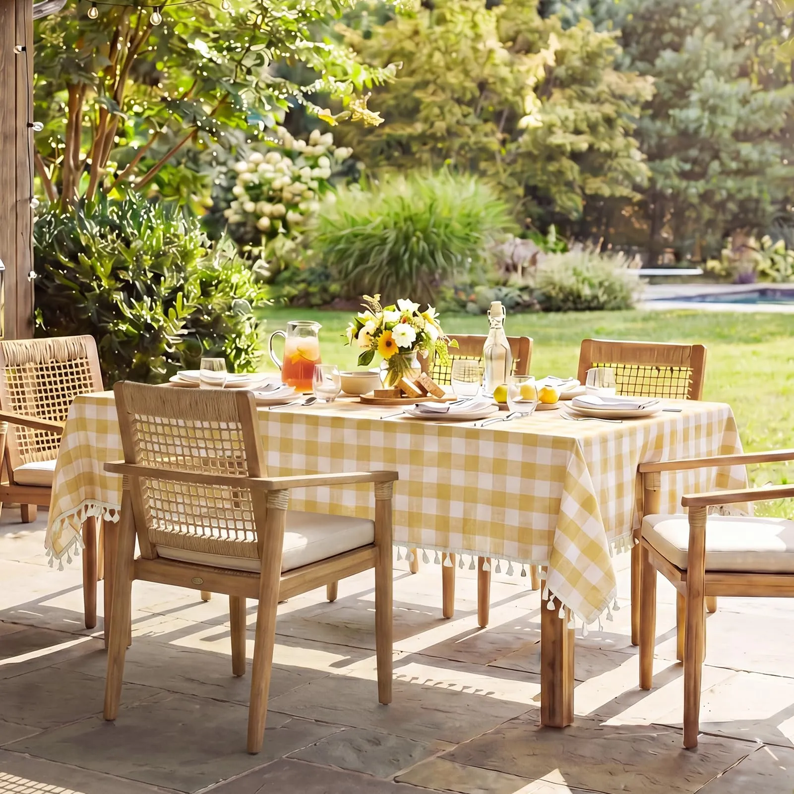 Softalker Tovaglia Rettangolare in Lino e Cotone a Quadretti con Nappine, 139 x 213 cm, Giallo - immagine 9