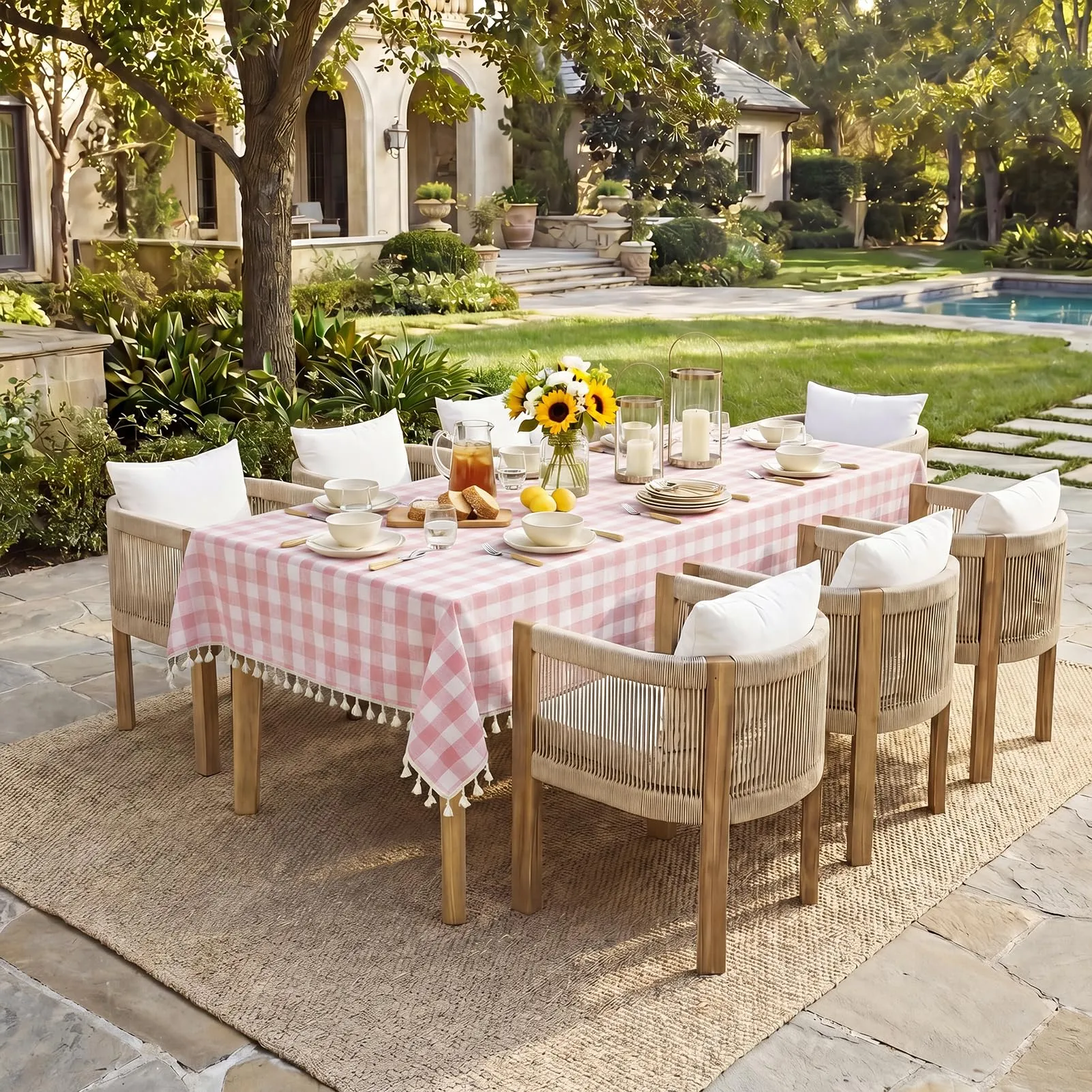Softalker Tovaglia Rettangolare in Lino e Cotone a Scacchi Rosa con Nappine, 139 x 305 cm - immagine 8