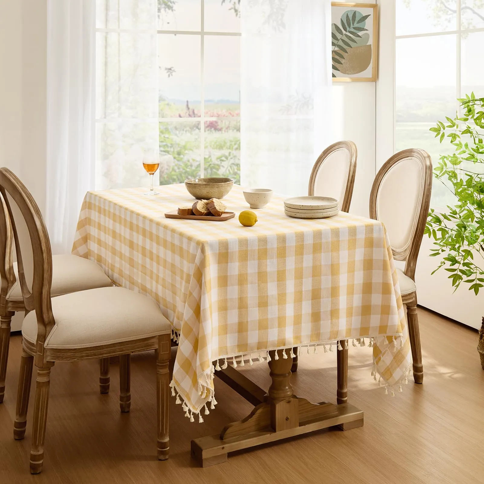 Softalker Tovaglia Quadrata a Scacchi in Lino e Cotone con Nappa, 140 x 140 cm, Giallo - immagine 7