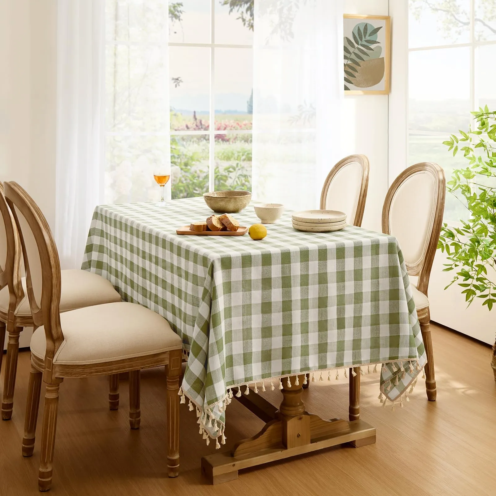 Softalker Tovaglia Rettangolare a Quadri in Lino e Cotone con Nappine, 140 x 213 cm, Verde Salvia - immagine 2
