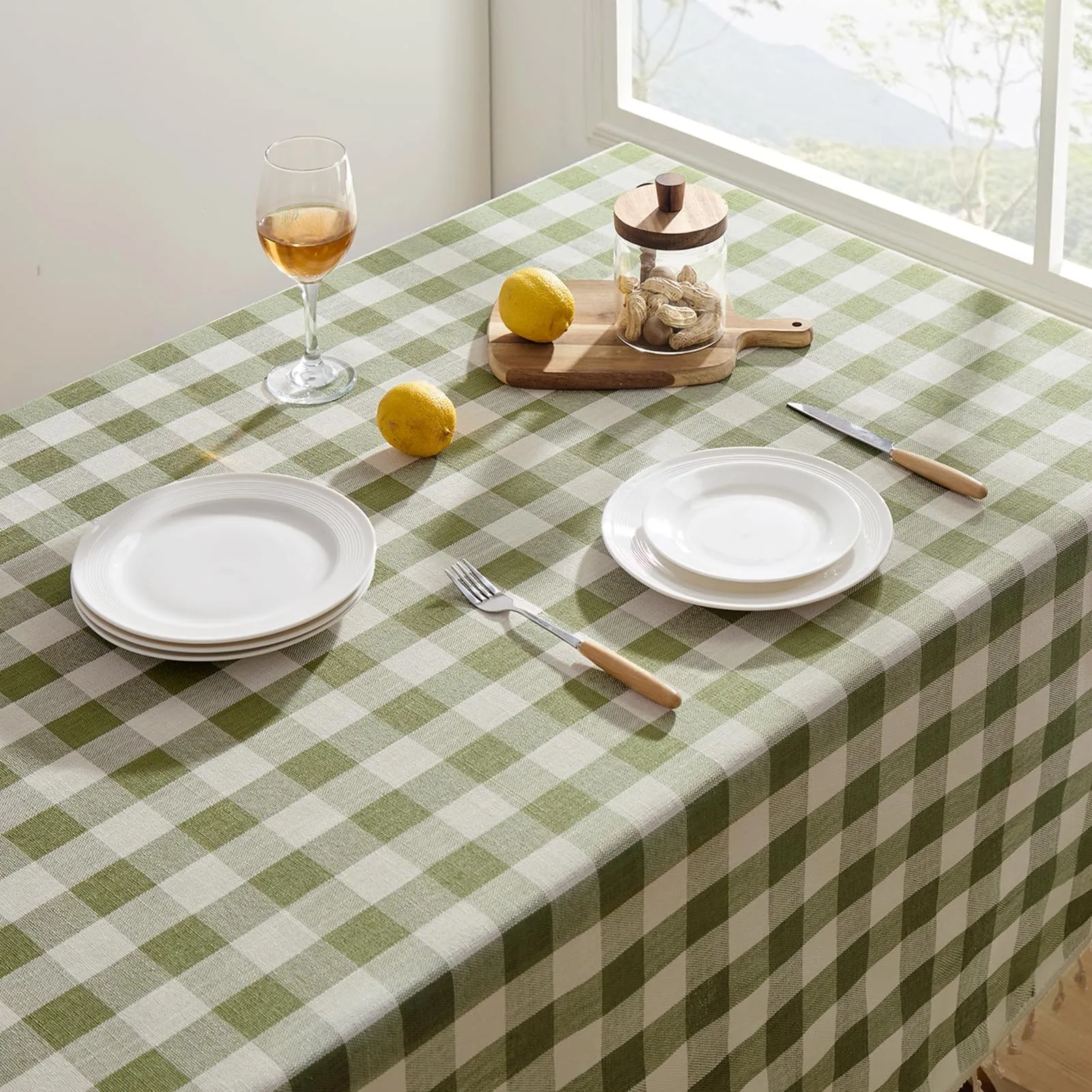 Softalker Tovaglia Rettangolare a Quadri in Lino e Cotone con Nappine, 140 x 213 cm, Verde Salvia - immagine 3
