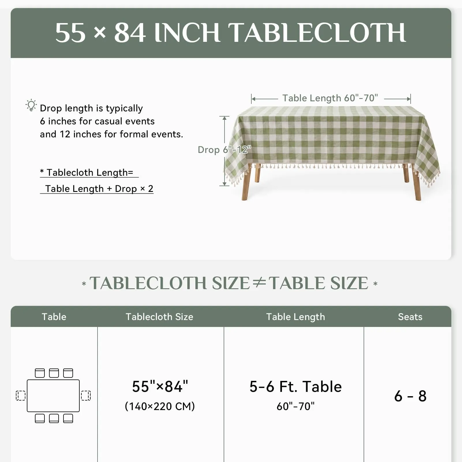 Softalker Tovaglia Rettangolare a Quadri in Lino e Cotone con Nappine, 140 x 213 cm, Verde Salvia - immagine 7
