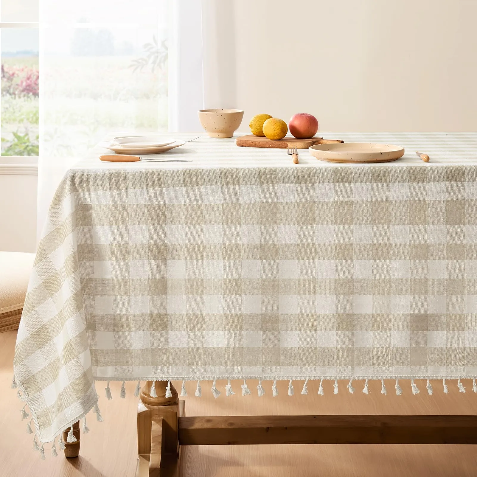 Softalker Tovaglia Rettangolare a Scacchi in Cotone e Lino con Nappe, 140 x 213 cm, Beige - immagine 1