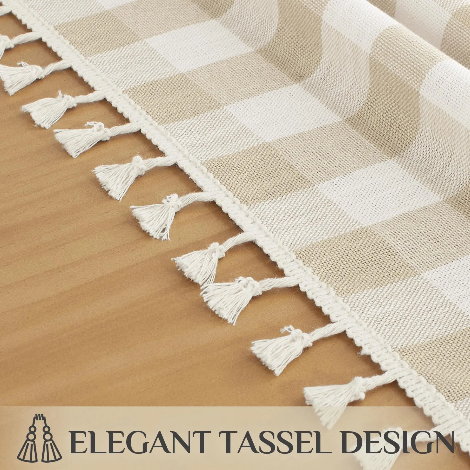 Softalker Tovaglia Rettangolare a Scacchi in Cotone e Lino con Nappe, 140 x 213 cm, Beige - immagine 5