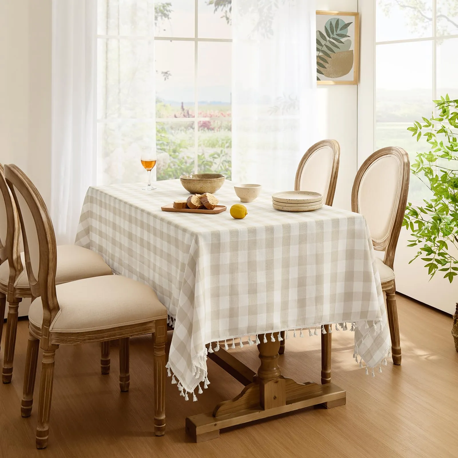 Softalker Tovaglia Rettangolare a Scacchi in Cotone e Lino con Nappe, 140 x 213 cm, Beige - immagine 7