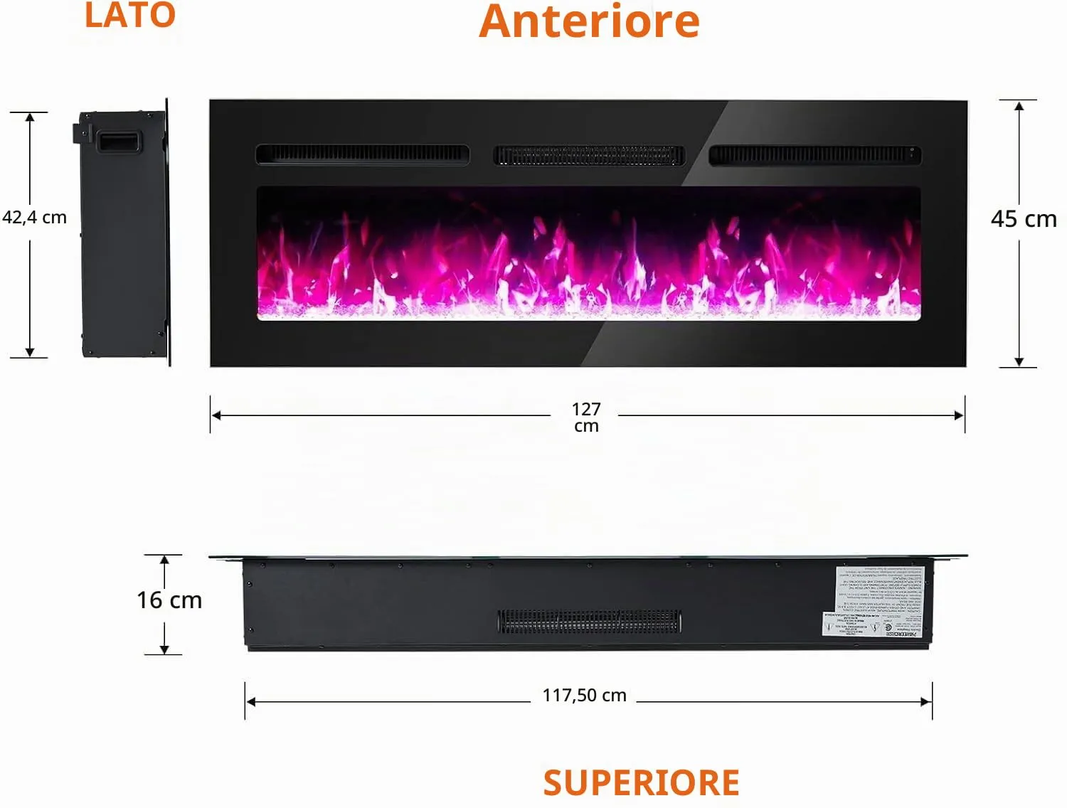 JustSmart Camino Elettrico 3D 50" (127 cm) con Riscaldamento 900/1800W, 12 Colori LED Effetto Fiamma, da Incasso o Parete - immagine 3