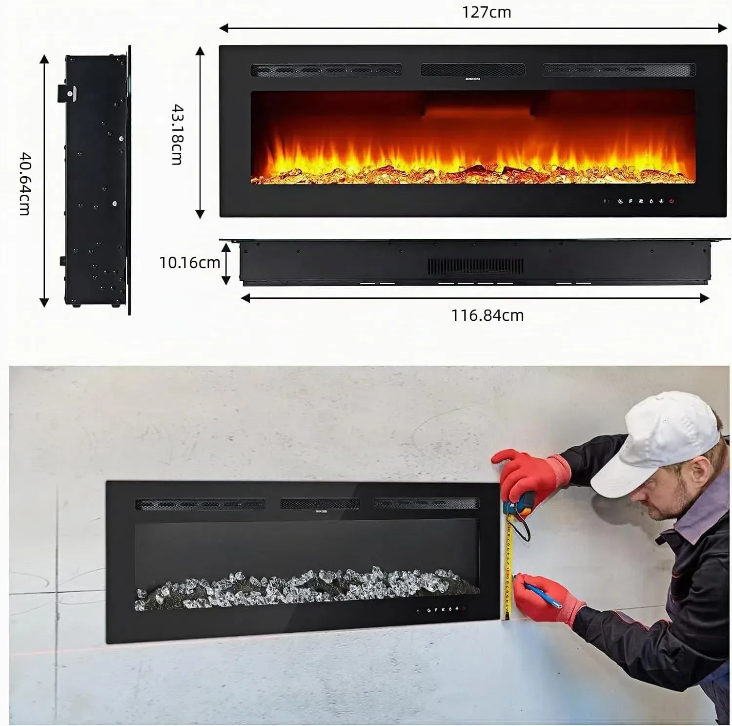 JustSmart Camino Elettrico 3D 50" (127 cm) con Riscaldamento 900/1800W, 12 Colori LED Effetto Fiamma, da Incasso o Parete - immagine 4