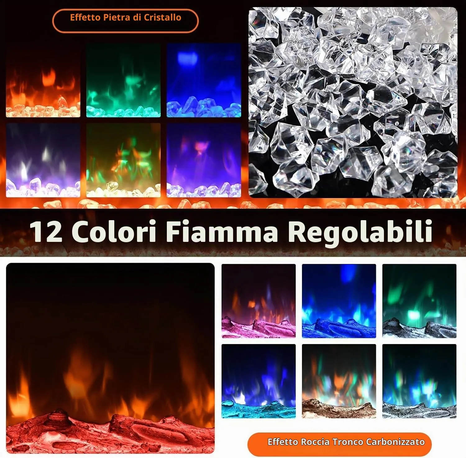JustSmart Camino Elettrico 3D 50" (127 cm) con Riscaldamento 900/1800W, 12 Colori LED Effetto Fiamma, da Incasso o Parete - immagine 5