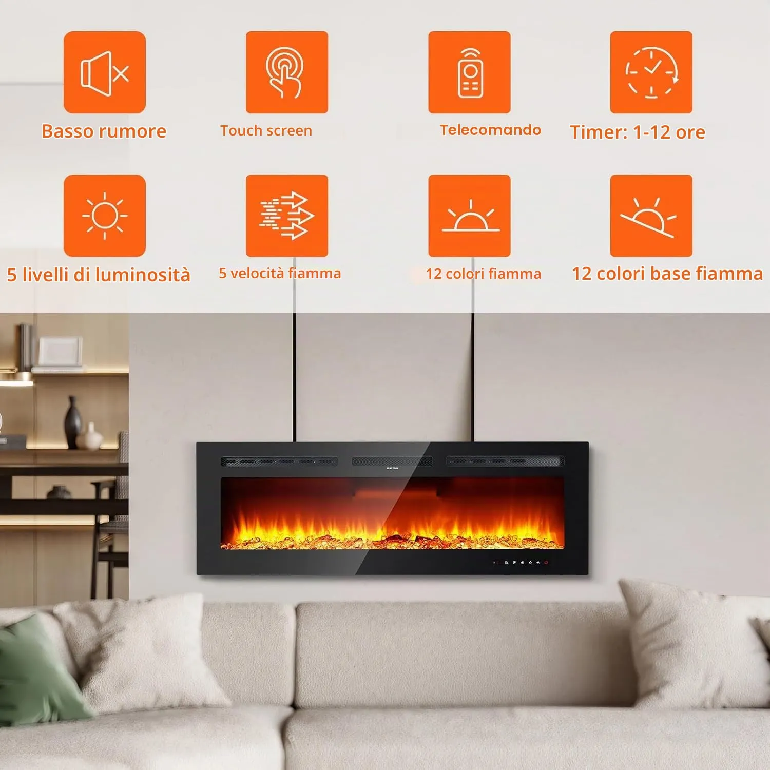 JustSmart Camino Elettrico 3D 50" (127 cm) con Riscaldamento 900/1800W, 12 Colori LED Effetto Fiamma, da Incasso o Parete - immagine 6