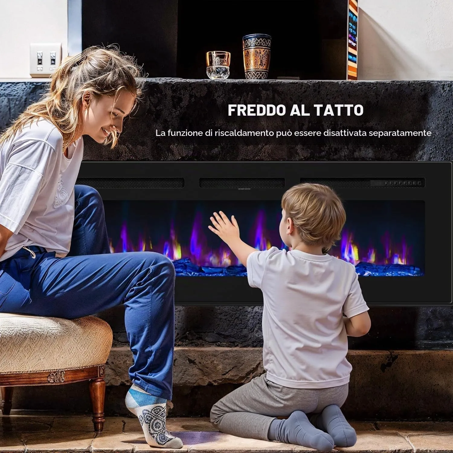 JustSmart Camino Elettrico 3D 50" (127 cm) con Riscaldamento 900/1800W, 12 Colori LED Effetto Fiamma, da Incasso o Parete - immagine 7