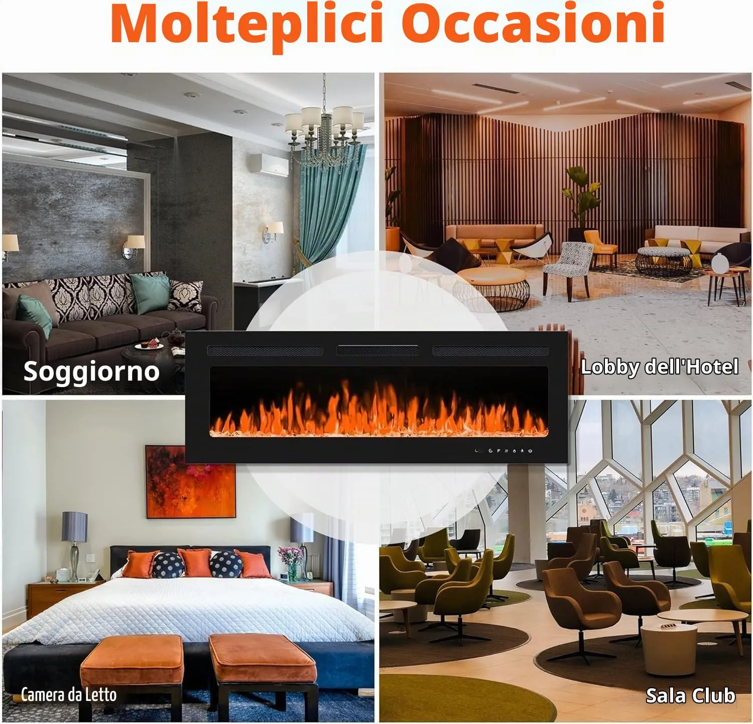 JustSmart Camino Elettrico 3D 50" (127 cm) con Riscaldamento 900/1800W, 12 Colori LED Effetto Fiamma, da Incasso o Parete - immagine 8
