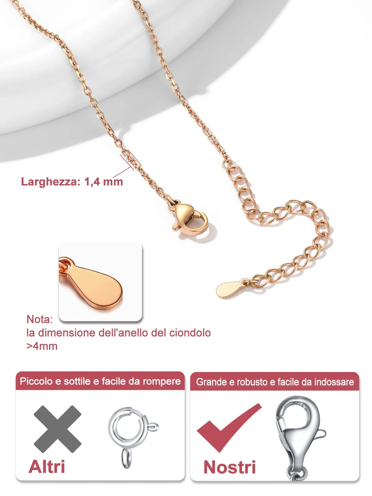 FOCALOOK Collana a Catena in Acciaio Inossidabile Oro Rosa, 1,4 mm, 46cm+5cm - immagine 5