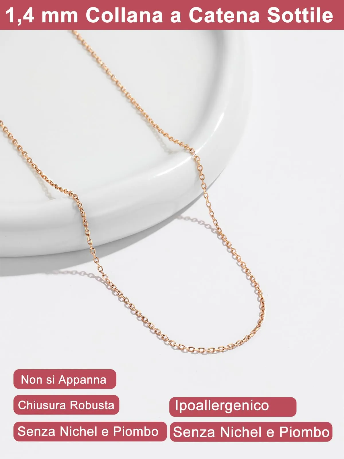 FOCALOOK Collana in Acciaio Inossidabile 1,4 mm Oro Rosa, 51cm+5cm - immagine 4