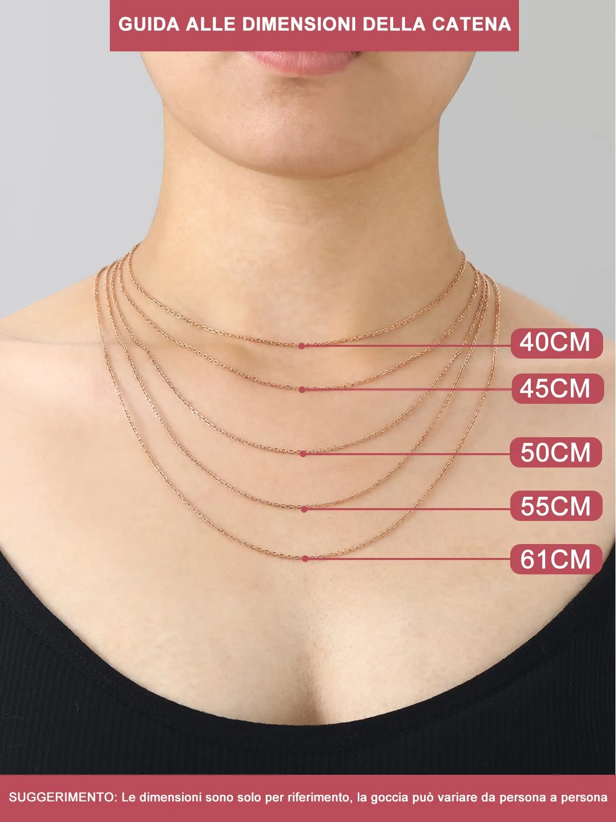 FOCALOOK Collana in Acciaio Inossidabile 1,4 mm Oro Rosa, 51cm+5cm - immagine 6