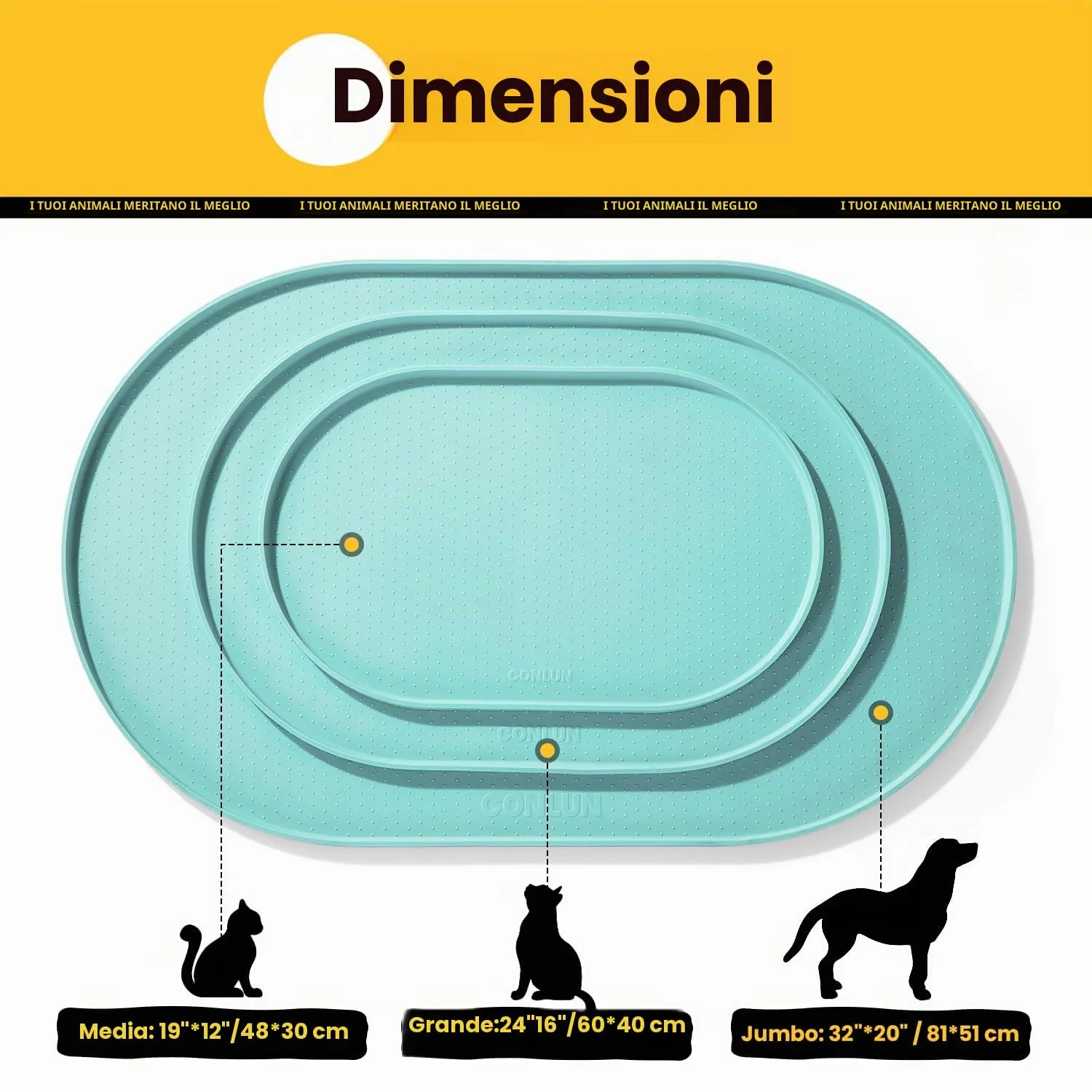 Conlun Tappetino Silicone per Ciotole Cane e Gatto con Bordi Rialzati, Turchese, 60x40 cm - immagine 4