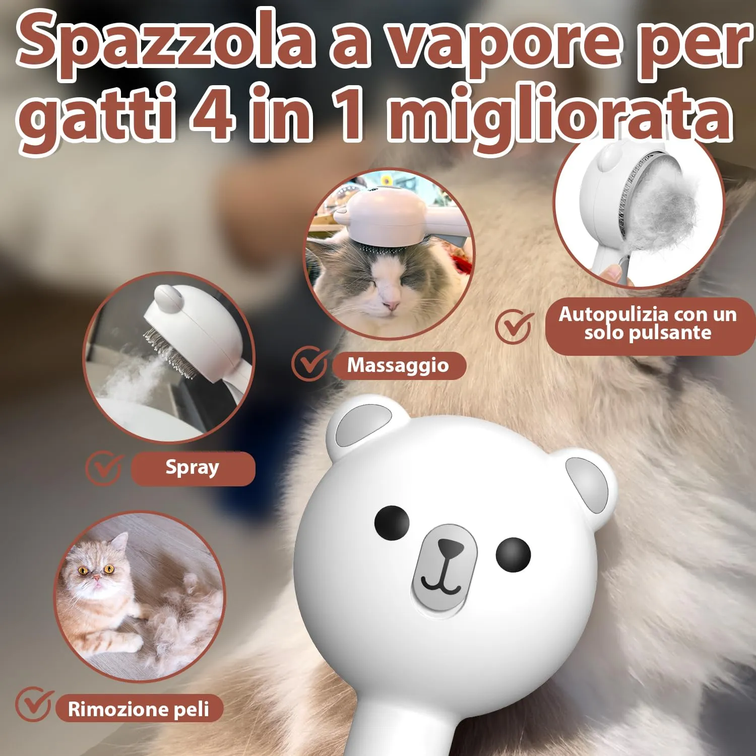 POIIOPY Spazzola a Vapore per Gatti con 2 Livelli di Spruzzo e Pulsante di Rilascio, RK35-Y - immagine 2