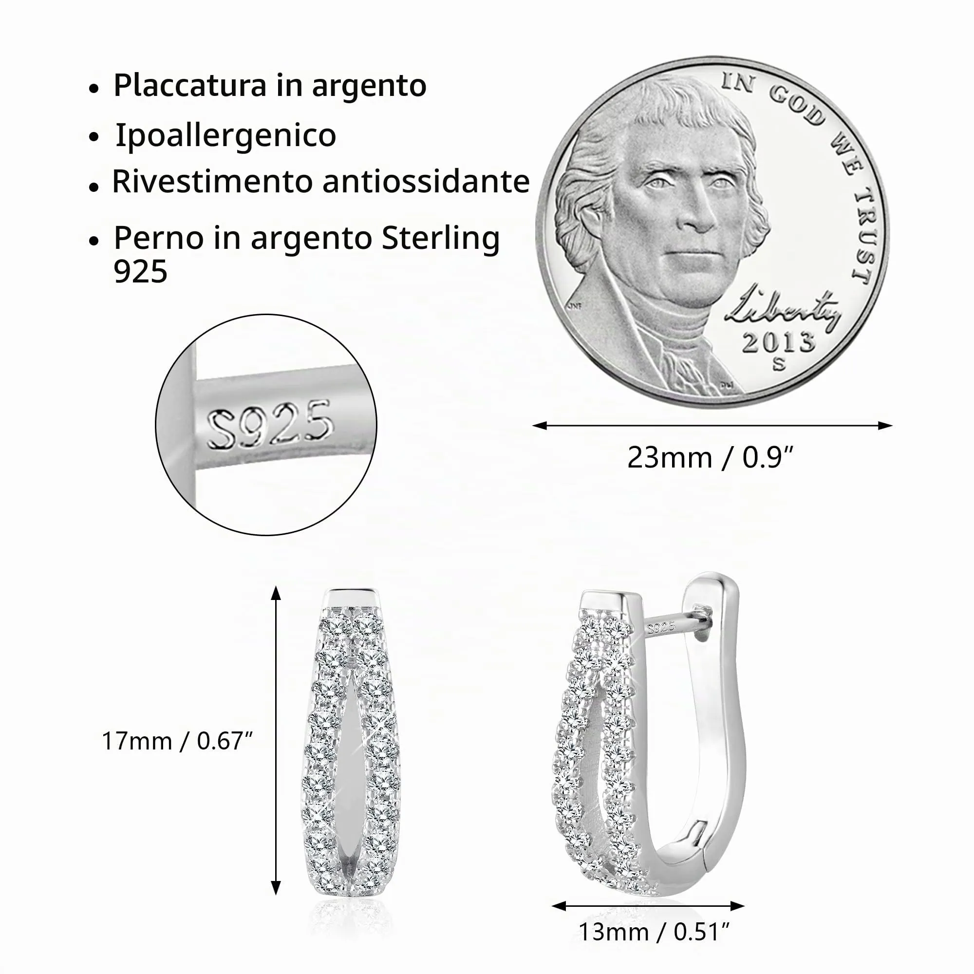 ALEXCRAFT Orecchini a Cerchio Argentati con Zirconi, Taglia Media - immagine 6