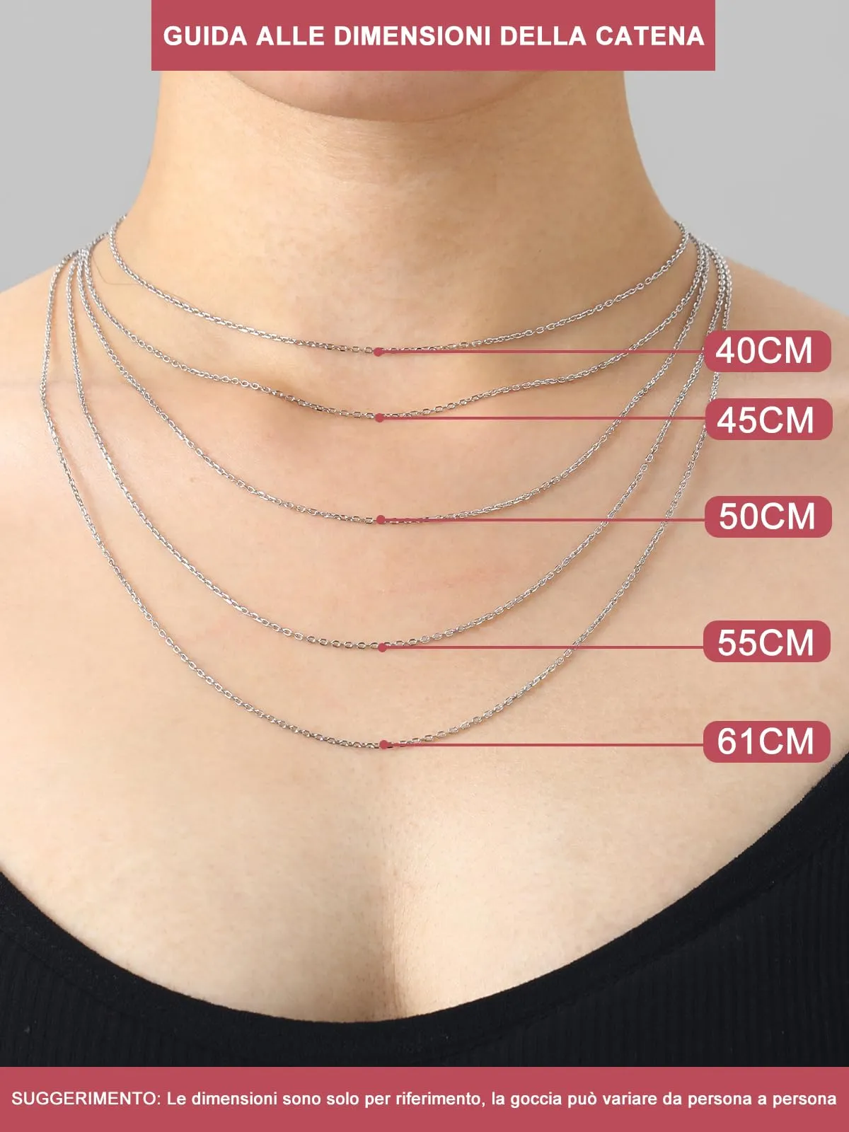 FOCALOOK Collana a Catena Sottile in Acciaio Inossidabile, 1,4 mm, Argento, 46cm+5cm - immagine 6