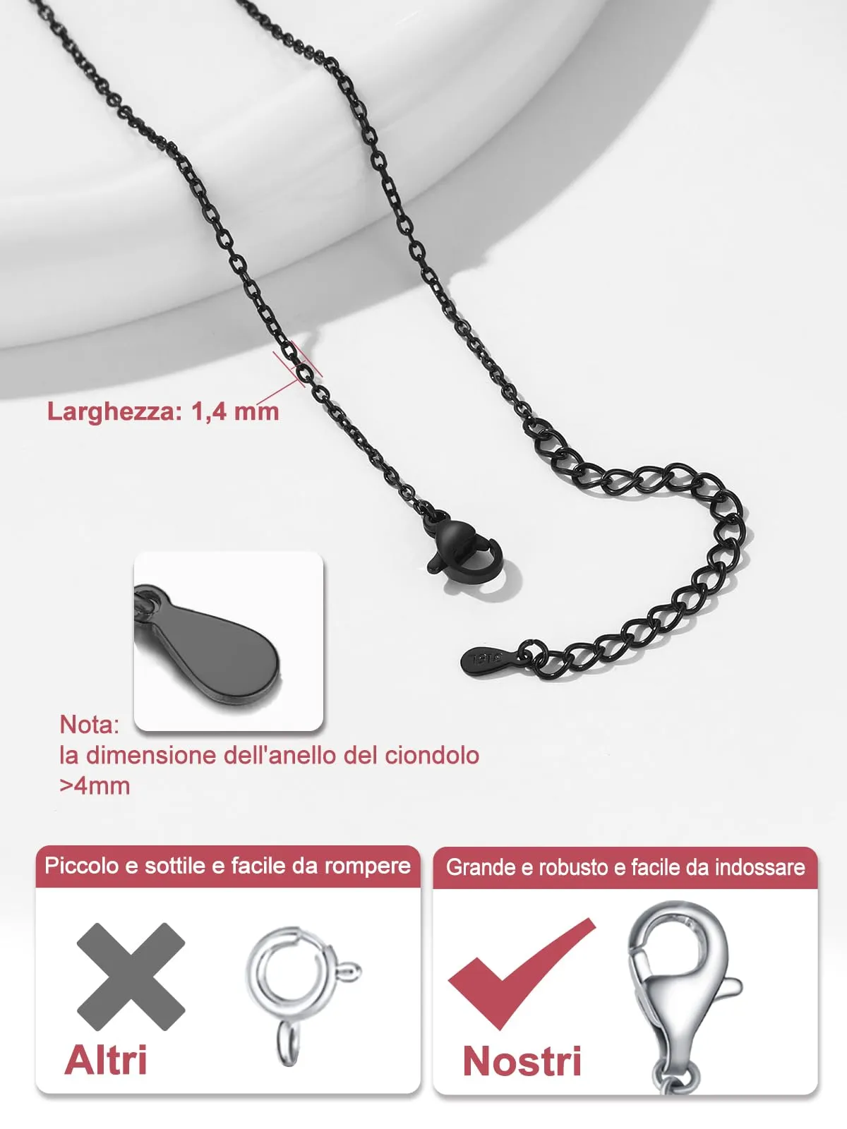 FOCALOOK Collana in Acciaio Inossidabile Nero, Catena Sottile 1,4 mm, 61cm+5cm - immagine 5