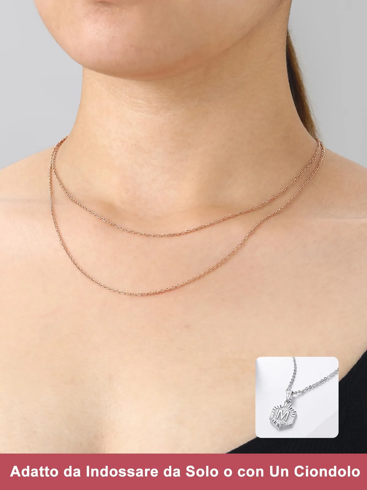 FOCALOOK Collana in Acciaio Inossidabile 2mm 55cm+5cm Oro Rosa - immagine 3