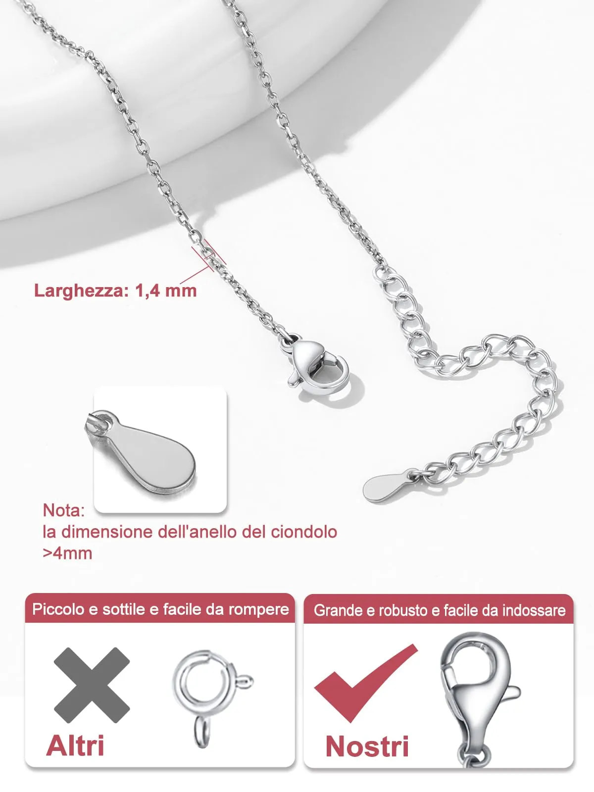 FOCALOOK Catena in Acciaio Inossidabile 316L 1,4 mm Argento, 51cm+5cm - immagine 5