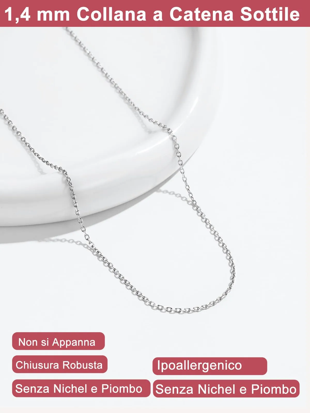FOCALOOK Collana in Acciaio Inossidabile 2mm Larghezza 55cm+5cm Argento - immagine 4