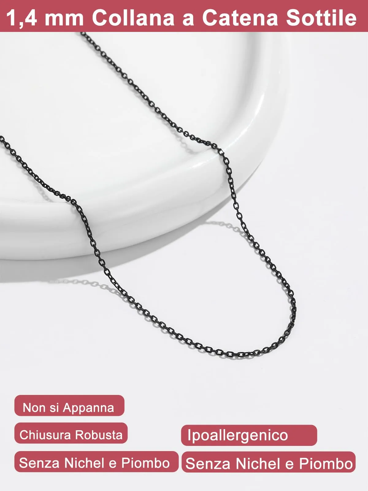 FOCALOOK Collana in Acciaio Inossidabile 2mm 56cm+5cm Nera - immagine 4