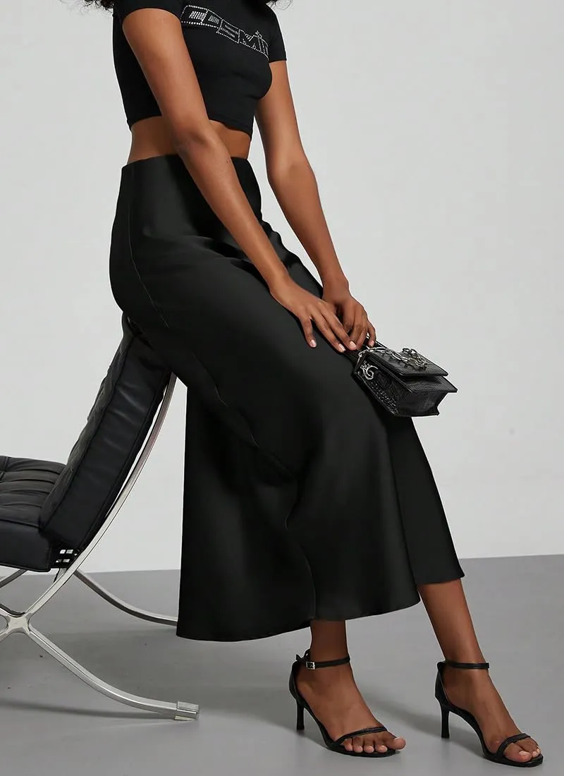 OLIPHEE Gonna Donna Lunga in Raso Vita Alta A-Line - Nero S - immagine 6