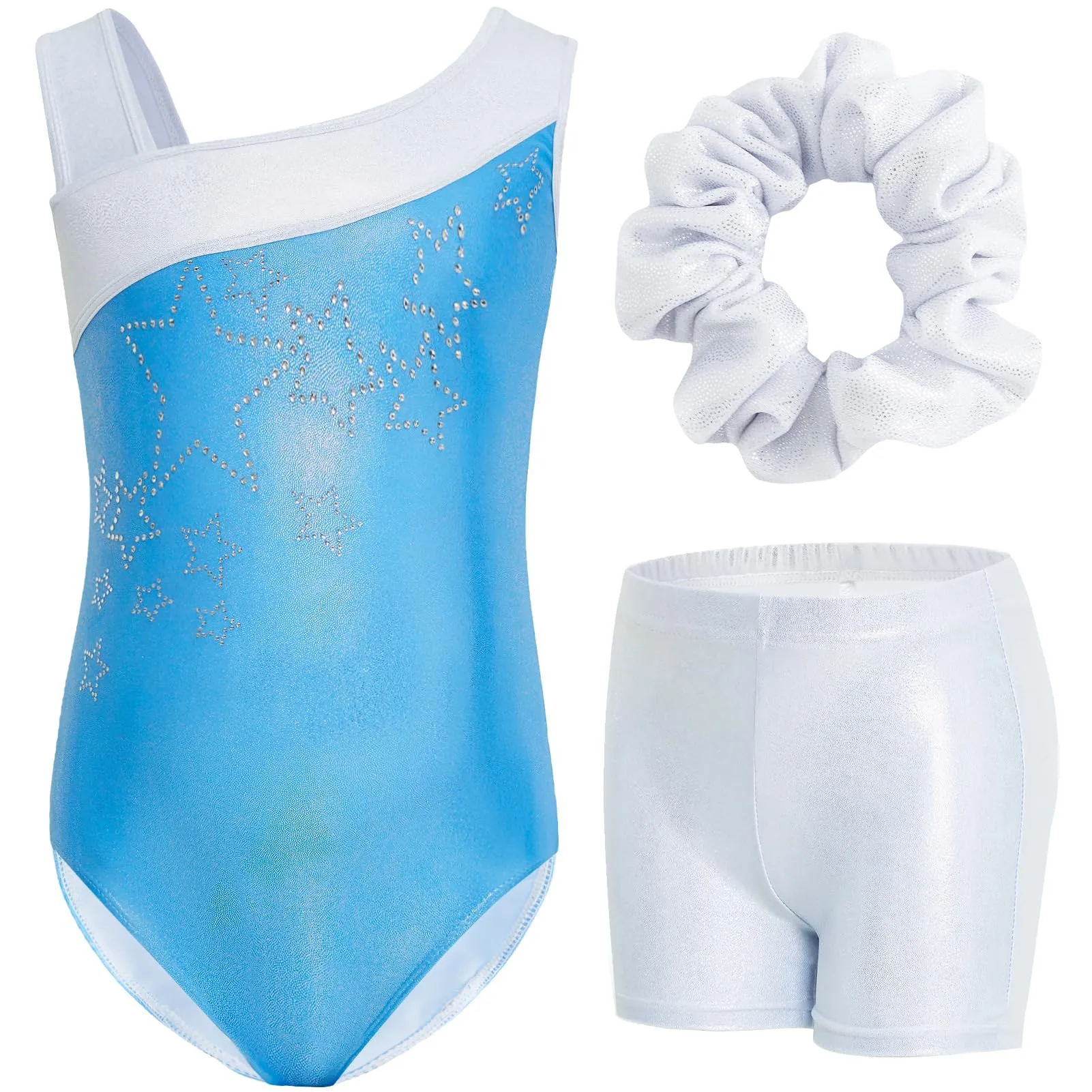 Gogokids Set da Ginnastica 3 Pezzi con Body, Pantaloncini e Fascia, Bianco/Blu, Taglia 100 (3-4 anni) - immagine 1