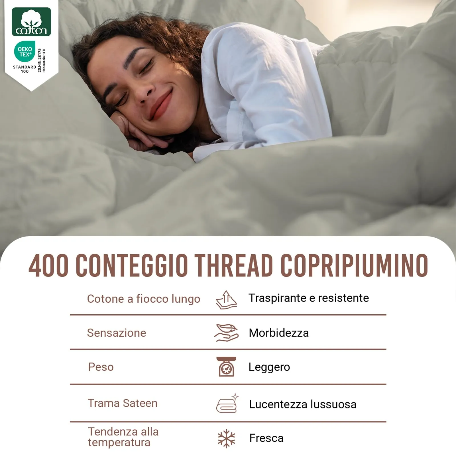 Pizuna Linens Set Copripiumino Matrimoniale in Cotone 400 Fili, 240x200 cm, Argento, 3 Pezzi - immagine 2