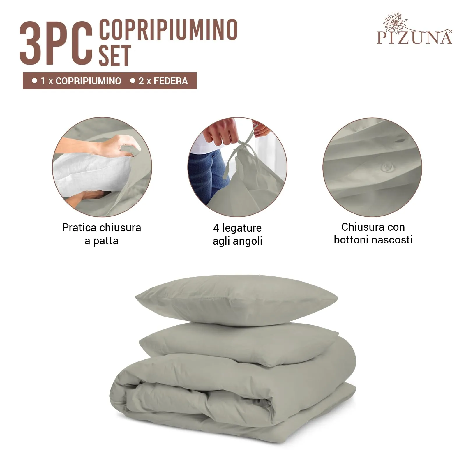 Pizuna Linens Set Copripiumino Matrimoniale in Cotone 400 Fili, 240x200 cm, Argento, 3 Pezzi - immagine 3