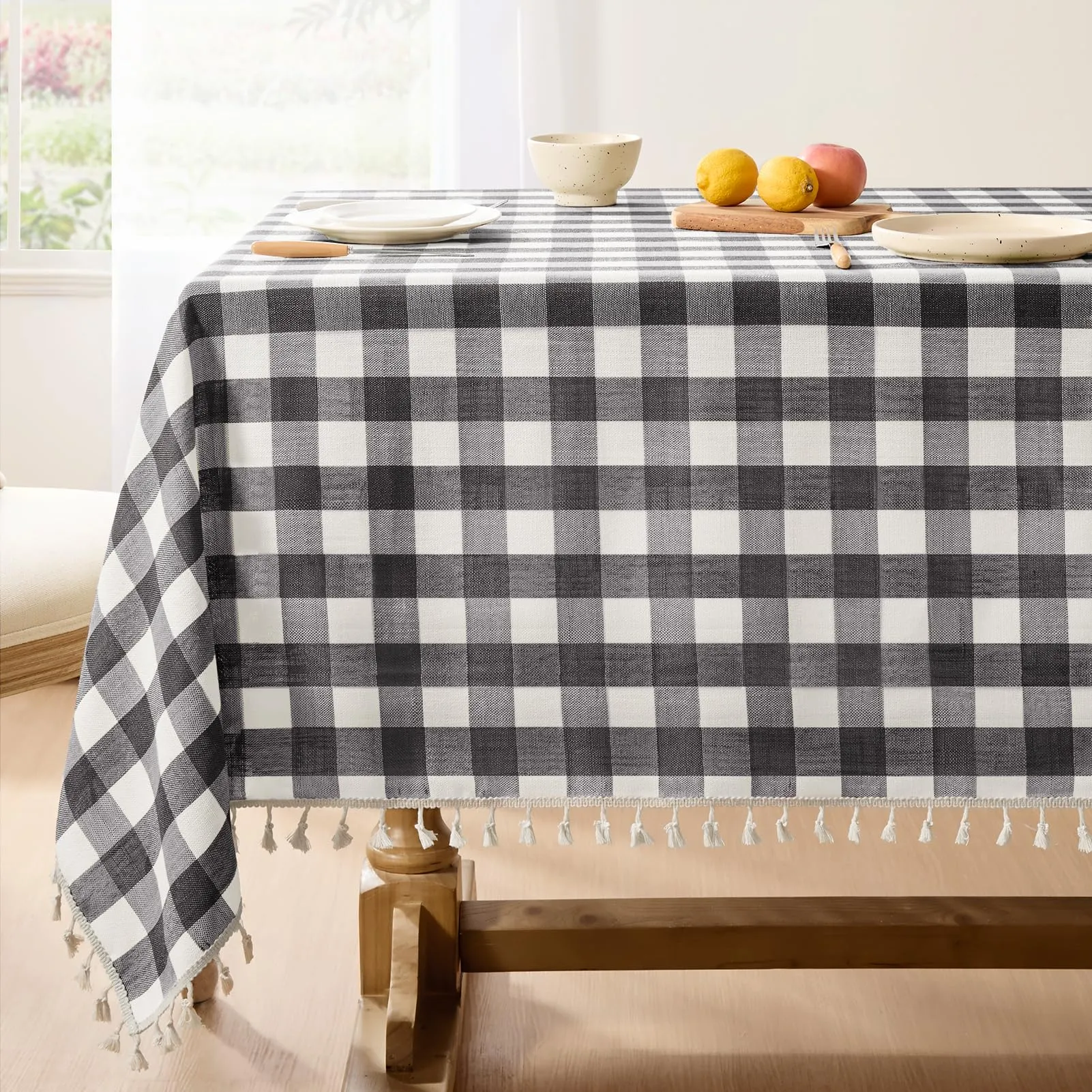 Softalker Tovaglia Rettangolare in Lino e Cotone Buffalo Plaid con Nappe, 139 x 259 cm, Nero - immagine 1