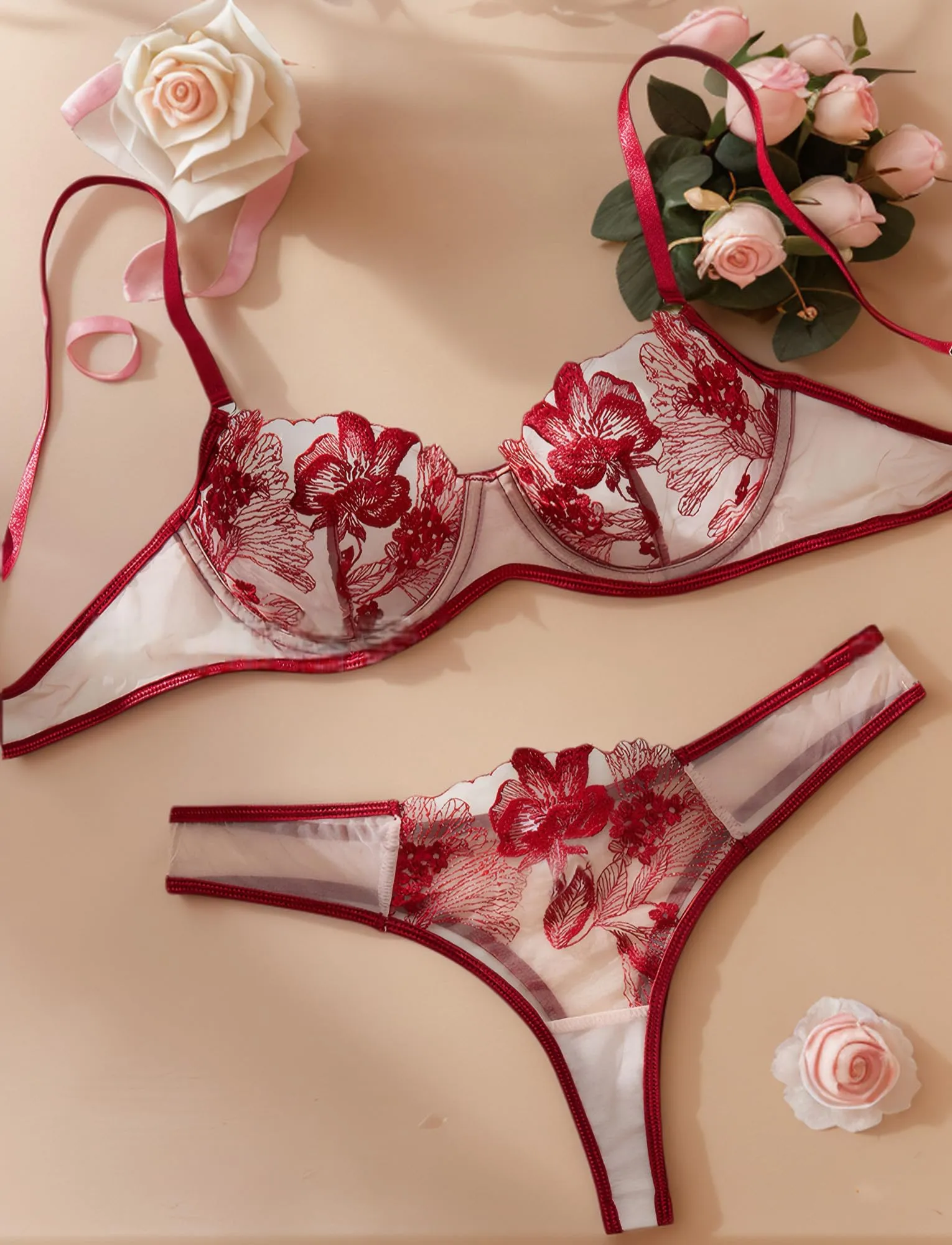 Maeau Set Reggiseno e Mutandine in Pizzo, Rosso Vivo, L - immagine 2