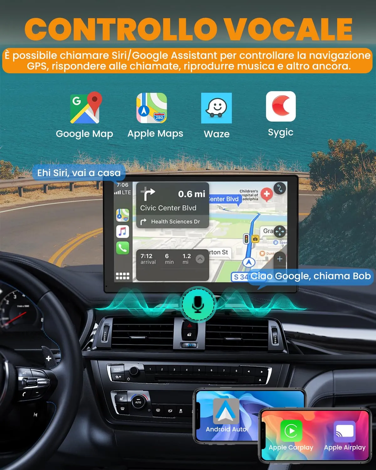 Bytelink S170 9" Wireless Apple CarPlay and Android Auto Stereo, 1080P Front and Rear Cameras, Bluetooth 5.2, GPS Navigation, Mirror Link, AUX, FM - immagine 5
