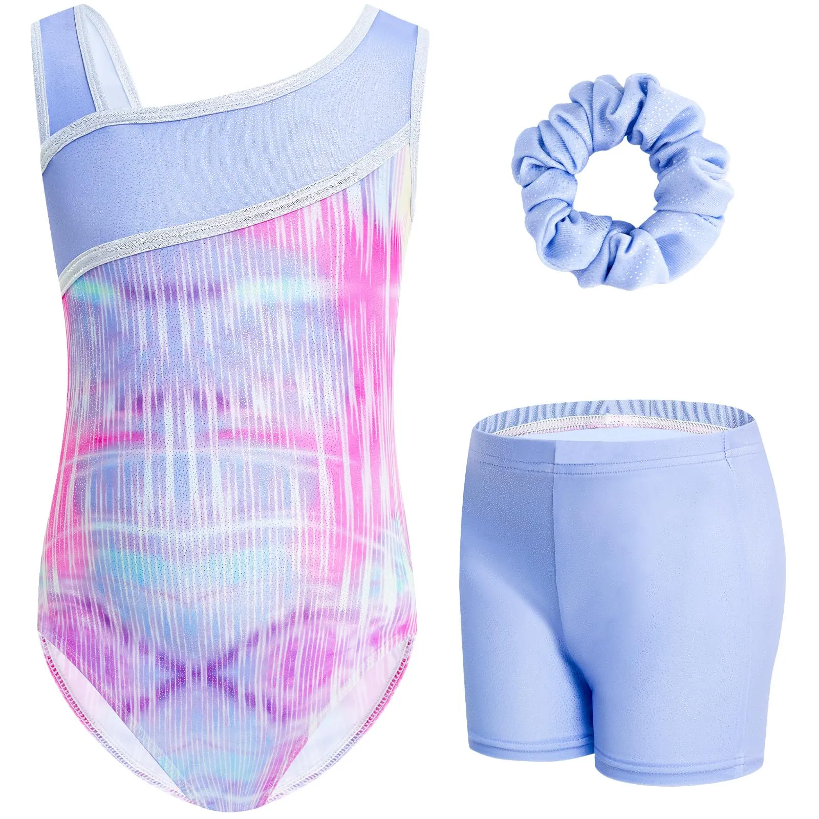 Gogokids Set da Ginnastica 3 Pezzi con Body senza maniche, Pantaloncini e Fascia, Blu e Viola, Taglia 100 (3-4 anni) - immagine 1
