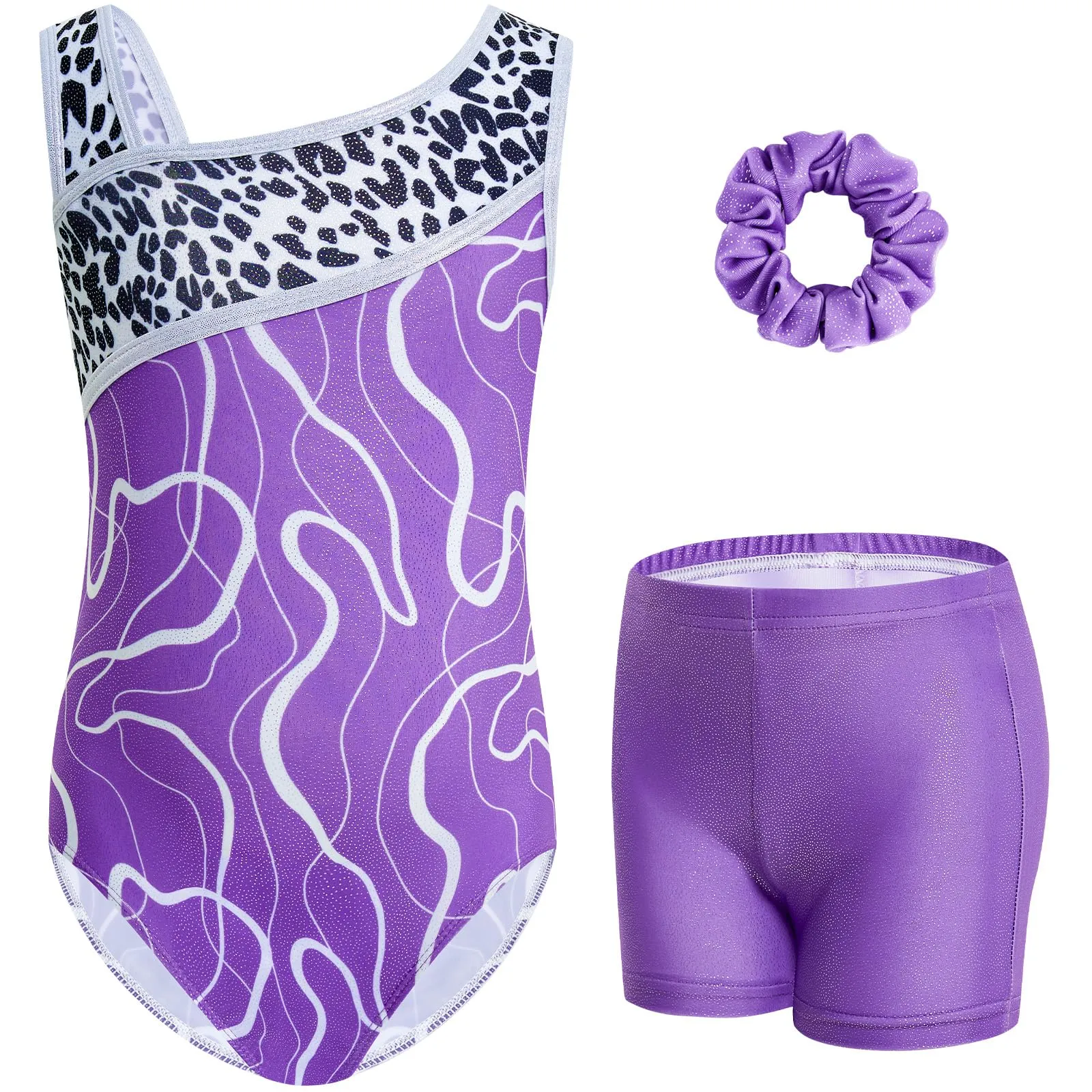 Gogokids Set da Ginnastica 3 Pezzi con Body senza Maniche, Pantaloncini e Fascia, Blu e Viola, Taglia 150 (11-12Y) - immagine 1