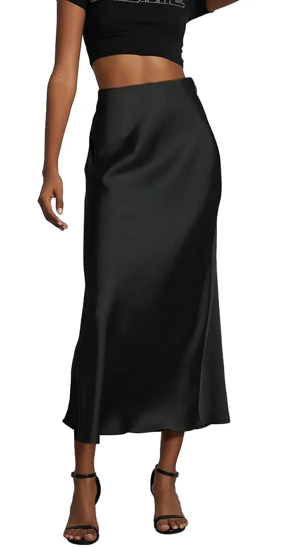 OLIPHEE Gonna Lunga in Raso Elegante Maxi A-Line Vita Alta - Nero, XS - immagine 1