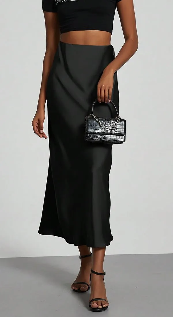 OLIPHEE Gonna Lunga in Raso Elegante Maxi A-Line Vita Alta - Nero, XS - immagine 2
