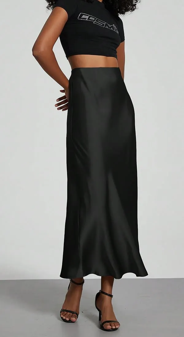 OLIPHEE Gonna Lunga in Raso Elegante Maxi A-Line Vita Alta - Nero, XS - immagine 3