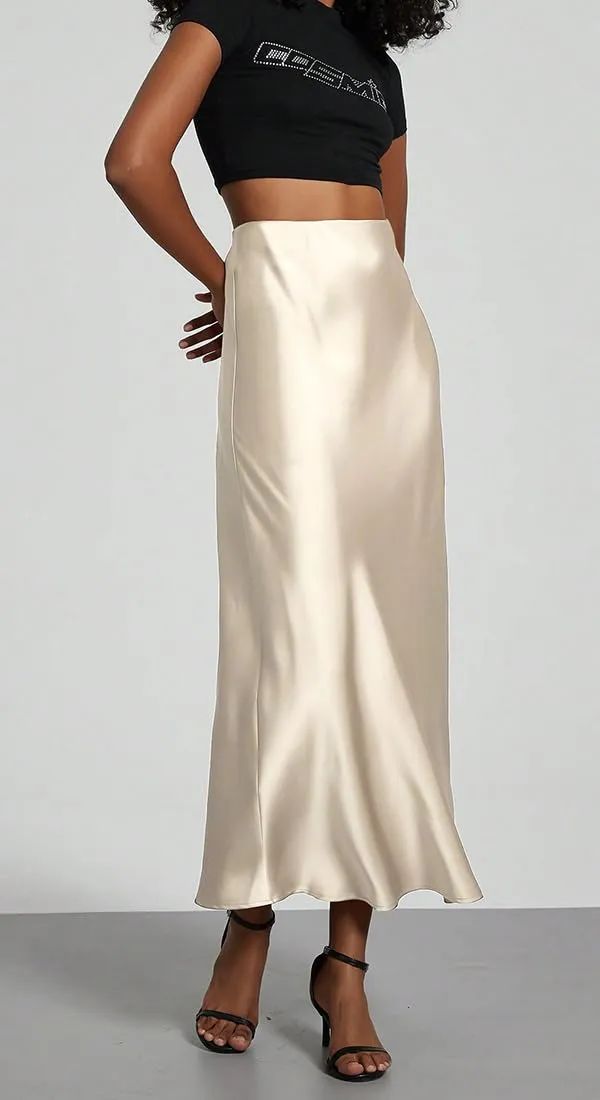 OLIPHEE Donna Gonna Lunga in Raso Elegante Vita Alta A-Line Beige M - immagine 3