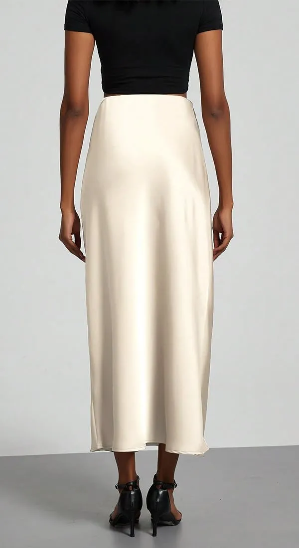 OLIPHEE Donna Gonna Lunga in Raso Elegante Vita Alta A-Line Beige M - immagine 5